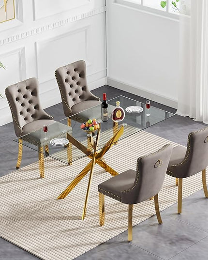 51" Glass Dining Table Set for 4, Modern Dining Room Table Set for 4, Gold X-Shape Glass Kitchen Table with 4pcs Gray Dining Chairs, 5 Piece Dining Set for Dining Living Room