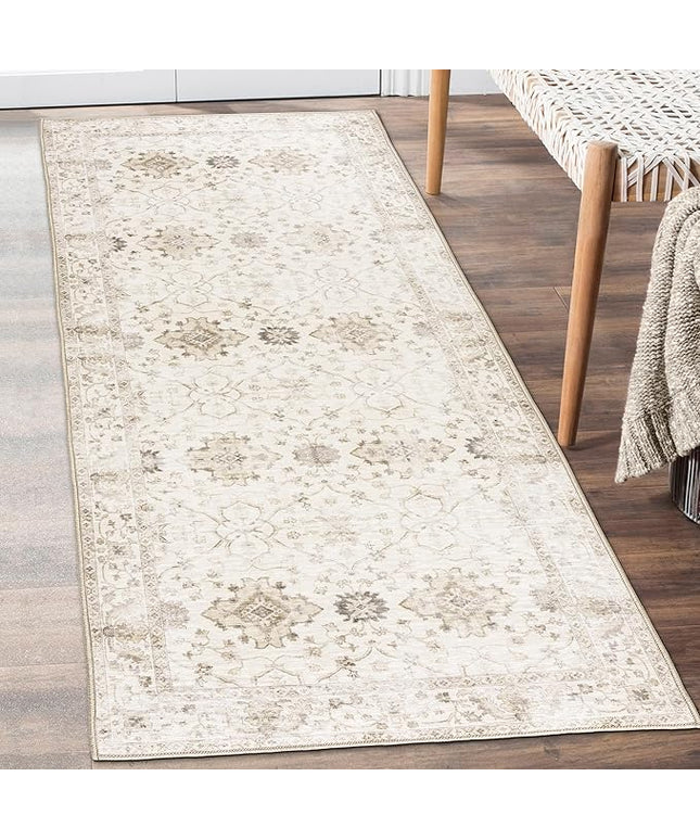 ReaLife Rugs Machine Washable Area Rug Runner - Living Room Bedroom Bathroom Kitchen Entryway Office - Padded Low Pile Stain Resistant Premium - Boho Farmhouse Vintage - BEV - Beige 2'6" x 10'