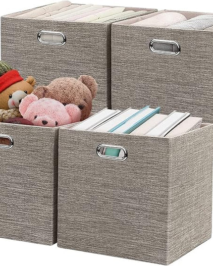 Posprica 3X Thicker Fabric Storage Cubes 13 inch Collapsible Storage Bins for Organization, Cubby Storage Baskets for Organizing Shelf Cabinet Bookcase Boxes, Set of 4, Coffee