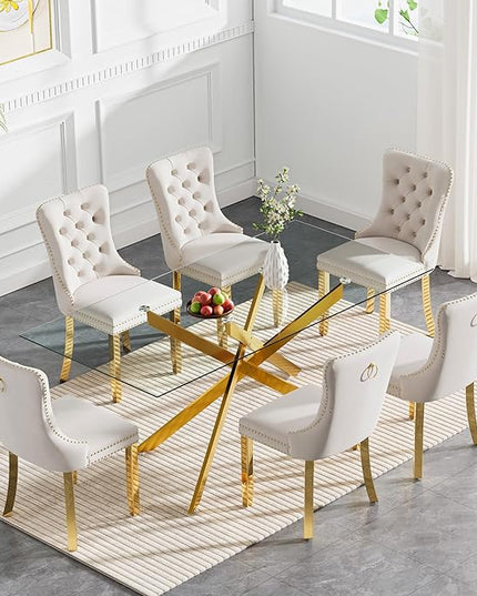 Rectangle Glass Dining Table Set for 6, 60'' Kitchen Table and Chairs Set, 7PCS Modern Dining Room Table Set with 6 Velvet Dining Chair for Home