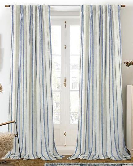 DriftAway Farmhouse Linen Blend Blackout Curtains 84 Inches Long for Bedroom Vertical Striped Printed Linen Curtains Thermal Insulated Lined Treatments for Living Room 2 Panels W52 x L84 Linen Navy