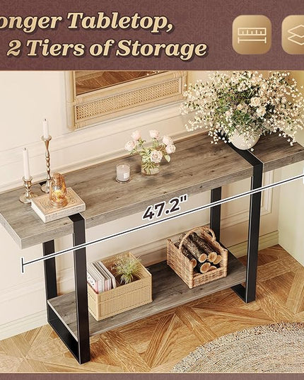 Huuger 47.2 Inch Entryway Table, 2-Tier Industrial Console Sofa Table with Storage, Accent Table, for Entry, Hallway, Entrance, Foyer, T-Shaped Metal Frame, Grey