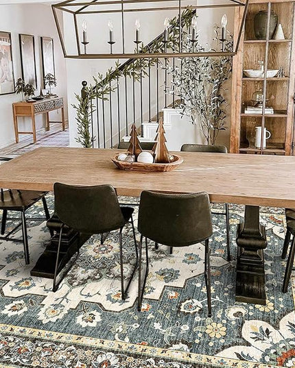 Washable Oriental Area Rug - 9x12 Rugs for Living Room Soft Carpet for Bedroom Waterproof Floral Distressed Indoor Stain Resistant Non-Shedding Floor Carpets (Blue, 9x12)