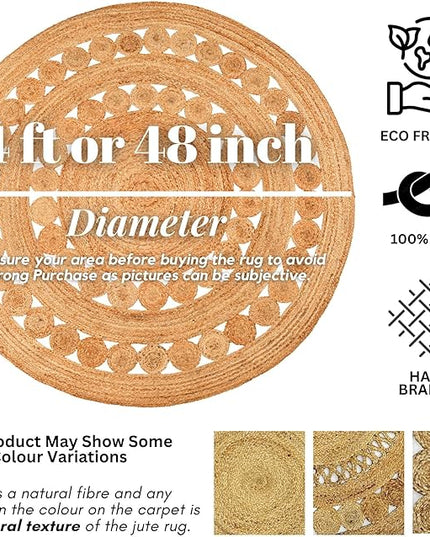 Hand Woven Jute Area Rug - 4' Round - Rustic Beige Reversible Farmhouse Rugs for Bedroom, Kitchen, Living Room - Vintage Natural Braided Entry Floor Décor Circle Boho Round Rugs 4 feet