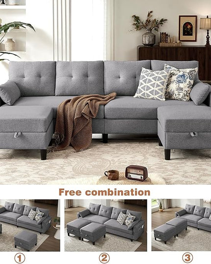 101" Sectional Sofa 4 Seat U Shaped Couch with Storage Ottoman for Living Room, Reception Room ect, Combination Sectional Couch with Movable Ottoman Sets, LightGrey