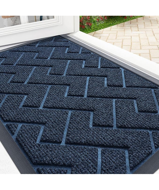 OLANLY Front Door Mat Indoor Outdoor Entrance, Waterproof All-Season, All-Weather Doormat, Sturdy Natural Rubber, Low Profile, Easy Clean Patio Porch Entryway Mat, Herringbone Brick (Blue, 47x32)