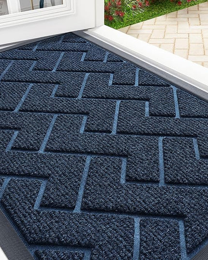 OLANLY Front Door Mat Indoor Outdoor Entrance, Waterproof All-Season, All-Weather Doormat, Sturdy Natural Rubber, Low Profile, Easy Clean Patio Porch Entryway Mat, Herringbone Brick (Blue, 47x23)