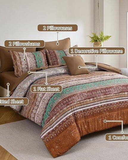 Cottolester Boho Comforter Set Full Size 8 Pieces, Brown Bohemian Striped Bed in a Bag, Paisley Soft Microfiber Bedding Comforter Set