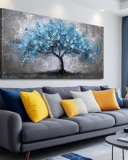 FUHAIHUA Canvas Wall Decor For Bedroom Large Wall Art For Living Room Office Decortions Black And White Paintings Blue Trees Wall Pictures Framed Mural Aesthetic Home Decor Posters Artwork 24x48 In