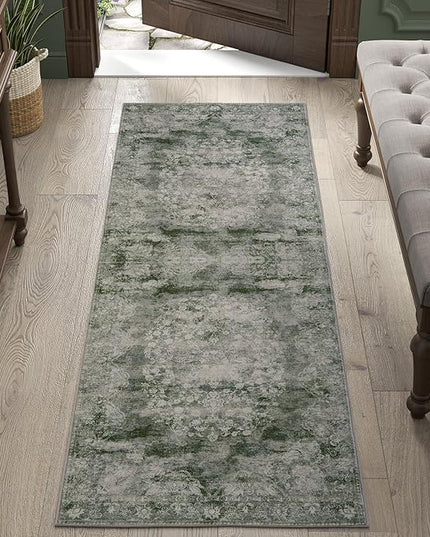 jinchan Green Runner Rug 2x5 - Machine Washable Vintage Floral Distressed Design Non-Slip Low-Pile Soft Thin Christmas Carpet for Hallway Kitchen Farmhouse Bedroom Laundry (2x5ft, Forest Green)