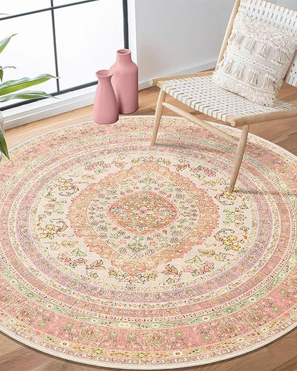 Round Area Rugs 4ft Washable,Pink Rug for Living Room Bedroom Dining Room,Circle Boho Vintage Bohemian Distressed Farmhouse Carpet Non Slip,Blush Floral