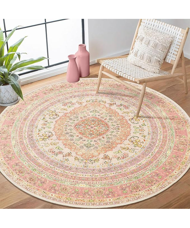 Round Area Rugs 4ft Washable,Pink Rug for Living Room Bedroom Dining Room,Circle Boho Vintage Bohemian Distressed Farmhouse Carpet Non Slip,Blush Floral