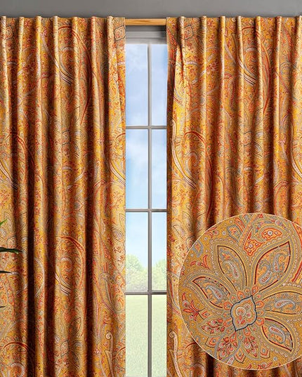 Maison d' Hermine Curtains for Living Room 100% Cotton 108 inch Length Two Panels Light Filtering Curtains for Bedroom Windows with Rod and Loop Pockets Drapes (Kashmir Paisley Gold, 50" W x 108" L)