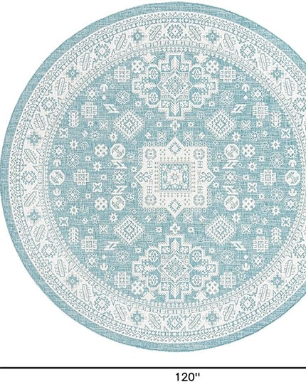 Rugs.com Outdoor Aztec Collection Rug – 10 Ft Round Aqua Flatweave Rug Perfect for Kitchens, Dining Rooms