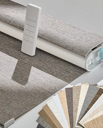 Persilux Smart Motorized Blinds with Remote, No Drill Automatic Roller Shades for Indoor Windows, Blackout Linen Fabric, Electric Blinds for Windows, Linen Brown C156BO-4, Custom Size