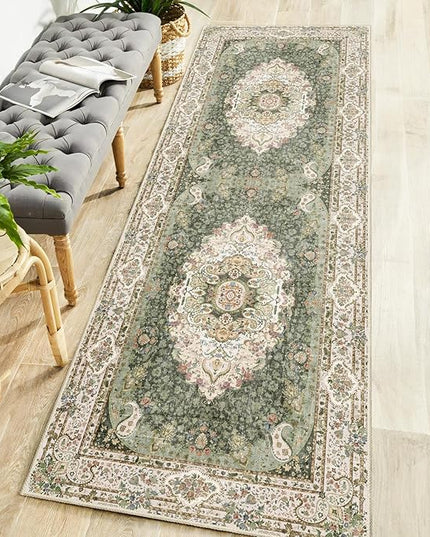 Washable Runner Rug 2x6,Green Rug Runners Non Slip,Long Boho Rugs for Hallways Kitchen Bedroom Entryway Living Room Bathroom,Vintage Bohemian Distressed Floor Carpet,Floral