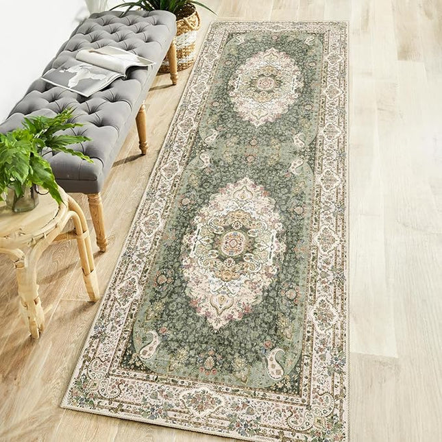 Washable Runner Rug 2x6,Green Rug Runners Non Slip,Long Boho Rugs for Hallways Kitchen Bedroom Entryway Living Room Bathroom,Vintage Bohemian Distressed Floor Carpet,Floral