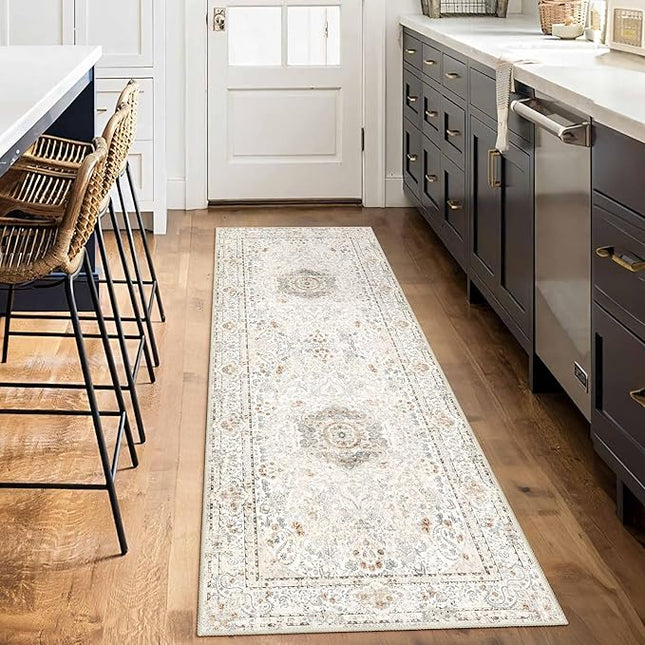 Washable Runner Rug 2x6,Boho Rug Runners Non Slip,Long Rugs for Hallways Kitchen Bedroom Entryway Living Room Bathroom,Vintage Bohemian Distressed Floor Carpet,Beige