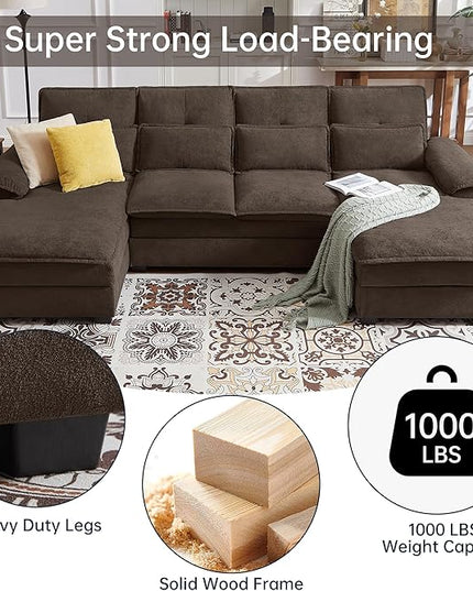 110" Convertible Sectional Sofa, U Shape Cloud Couch, Comfy Couches with Double Chaise and Sleepable Armrests, 4 Seats Sectional Couches for Living Room, Coffee
