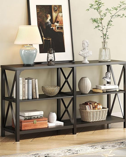 IBF Black Console Table, Modern Sofa Table Behind Couch, Industrial Entryway Table for Hallway Living Room, Farmhouse Wooden Metal Entry Table for Foyer with 3-Tier Storage Shelves, Black Oak, 55 Inch