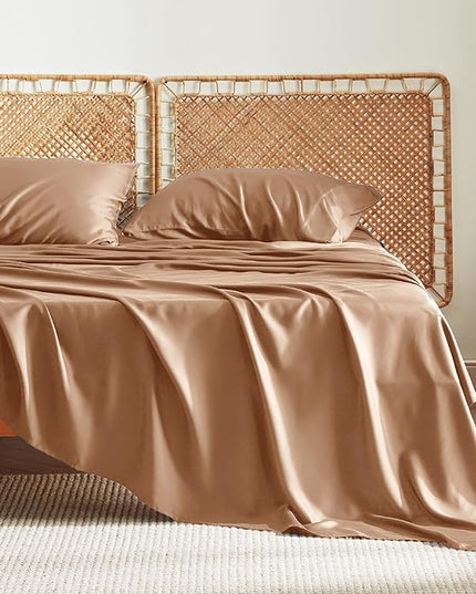 Bedsure King Size Sheets Set, Cooling Sheets for Hot Sleepers, Rayon Derived from Bamboo, Breathable & Soft, Deep Pocket Up to 16 Inches, Hotel Luxury Silky Bedding, Khaki