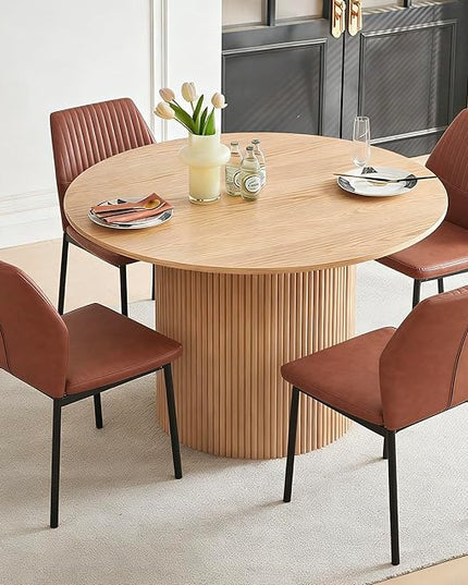 Pandolfni Dining Table Set for 4, 47" Wooden Round Kitchen Table with PU Leather Chairs for Kitchen Room and Small Spaces(Oak Table + 4 Brown Chairs)