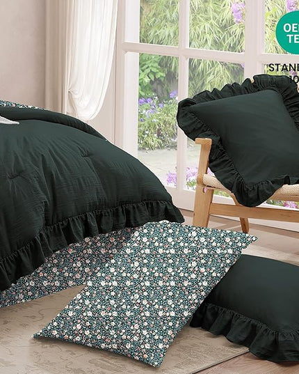 Full Comforter Set - 7 Pieces Ruffle Forest Green Bedding Sets, Shabby Chic Farmhouse Bed in a Bag with Ruffle Comforter, Floral Sheets, Pillowcases & Shams