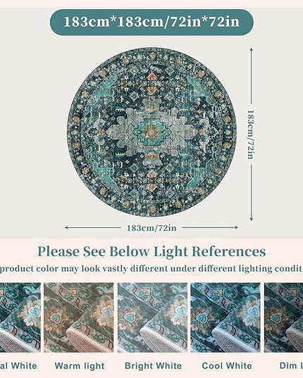 Ciicool Washable Area Rug Round 6’x6’ Teal Boho Bedroom Rug Non-Slip Oriental Carpet Throw Rug Low-Pile Indoor Floor Carpet for Dining Room Living Room Laundry Foyer Decor (Teal/Multi)