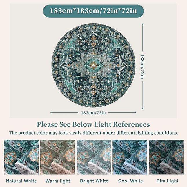 Ciicool Washable Area Rug Round 6’x6’ Teal Boho Bedroom Rug Non-Slip Oriental Carpet Throw Rug Low-Pile Indoor Floor Carpet for Dining Room Living Room Laundry Foyer Decor (Teal/Multi)