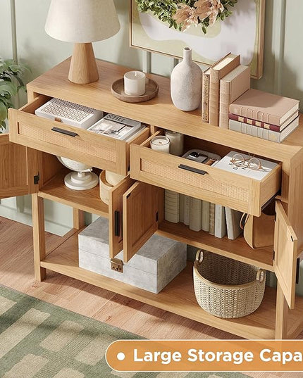 Maupvit Entryway Console Table with Large Storage Space, Sofa Table with Rattan Cabinet Doors, Buffet Table for Living Room, Hallway, Foyer Furniture for Home Decor, Nature Wood Color