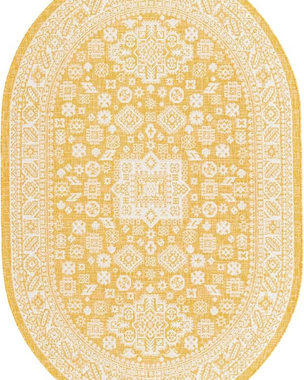 Rugs.com Outdoor Aztec Collection Rug – 5' x 8' Oval Yellow Flatweave Rug Perfect for Living Rooms, Large Dining Rooms, Open Floorplans