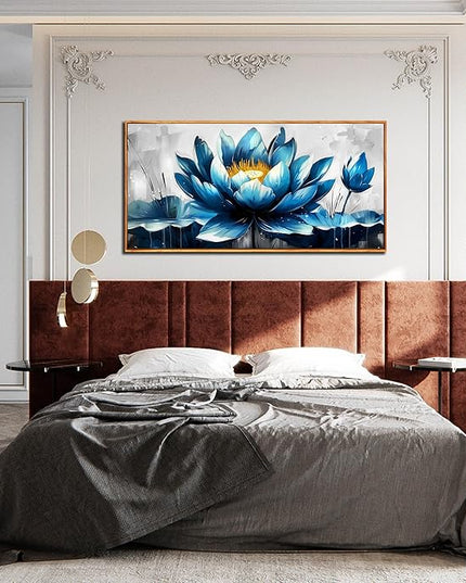Ouzzlie Large Flower Wall Decor Blue Wall Art for Living Room Gold Art Lotus Posters for Home Office 29" x 59"