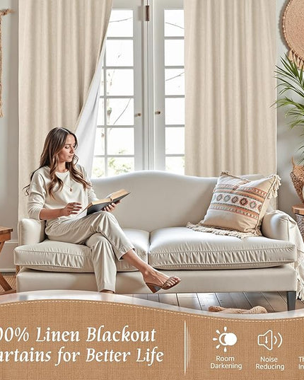 LAMIT 100% Blackout Window Curtains for Bedroom, 45 Inches Linen Textured Thermal Farmhouse Curtains Back Tab and Rod Pocket Window Panels with White Liner, 2 Panels, 52 x 45 Inch, Linen