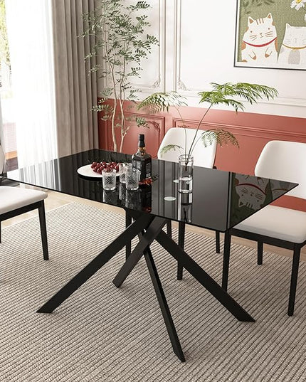 51" Rectangular Glass Dining Table Modern Kitchen Glass Top Table for 4 with Black Metal Legs, Clear Dining Table Kitchen Table for Home Office Dining Room
