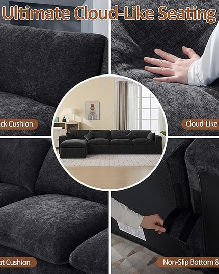 155''Cloud Boneless Sectional Couch, Modular Sectional Sofa Deep Seat with Ottoman, Oversized Upholstered Convertible Comfy 5 Seater Chenille Sofa L Shape Couches for Living Room, Dark
