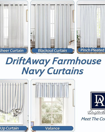 DriftAway Farmhouse Linen Blend Blackout Curtains 63 Inches Long for Bedroom Vertical Striped Printed Linen Curtains Thermal Insulated Lined Treatments for Living Room 2 Panels W52 x L63 Navy