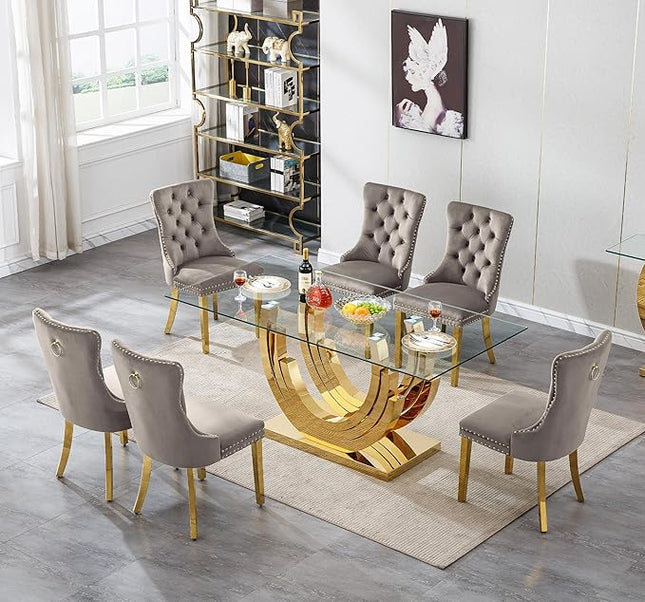 Henf 7-Piece Glass Dining Table Set with 6 Upholstered Dining Chairs, Large Gold Dining Table and Chair Set for 6, Modern Kitchen Table Furniture for Dining Room, Stainless Steel Base and Glass Top