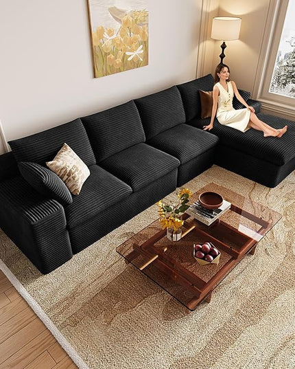 136" Cloud Couch Modular Sectional Sofa for Living Room, L-Shape Boneless Couch with Deep Seat, Modern Corduroy 4-Seater, No Assembly Required (Black,Right-Facing Chaise)