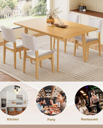 5-Piece Dining Set Modern Dinner Table Set for 4, Wood Dining Table with 4 Upholstered Chairs, 60" Rectangular Table with Stackable Chairs Padded Seat Backrest for Dining Room Kitchen Apartment