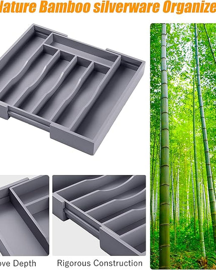 Kitchen Silverware Drawer Organizer and Storage Bamboo Wood Cooking Utensil Holder Cutlery Knife Jewelry Spice Rack Spoon Fork Multi Cabinet Organization Bathroom Counter Expandable Adjustable Tray