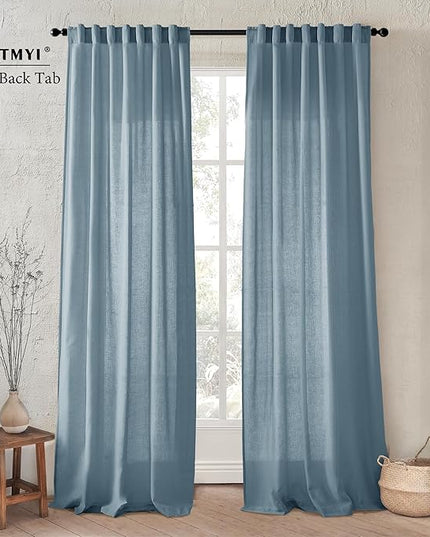 XTMYI Dusty Blue Curtains 96 Inches Long for Living Room,Light Filtering Country Vintage Hooks Pleated Back Tab Semi Sheer Linen Curtains for Bedroom 2 Panels Set,Stone Blue