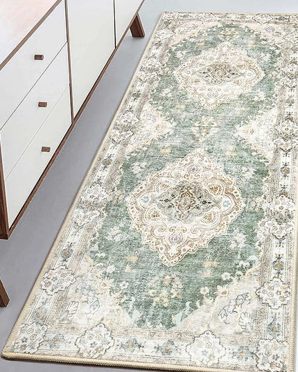 MUJOO Hallway Runner Rug - Machine Washable Non Slip Boho Green Runner for Hallways, Entryway, Kitchen, Bathroom, Bedside - Retro Soft Low-Pile 2'x6' Blossom