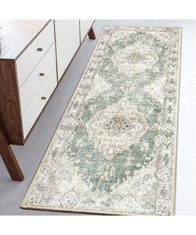 MUJOO Hallway Runner Rug - Machine Washable Non Slip Boho Green Runner for Hallways, Entryway, Kitchen, Bathroom, Bedside - Retro Soft Low-Pile 2'x6' Blossom