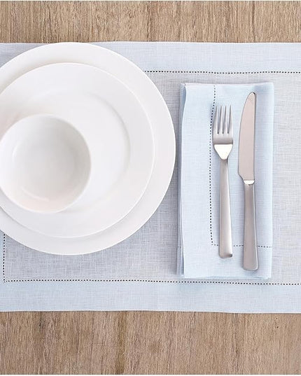 Solino Home Light Blue Linen Napkins Set of 4-100% Pure Linen Hemstitch Dinner Napkins 20 x 20 Inch for Christmas, Winter, New Year - Classic Hemstitch