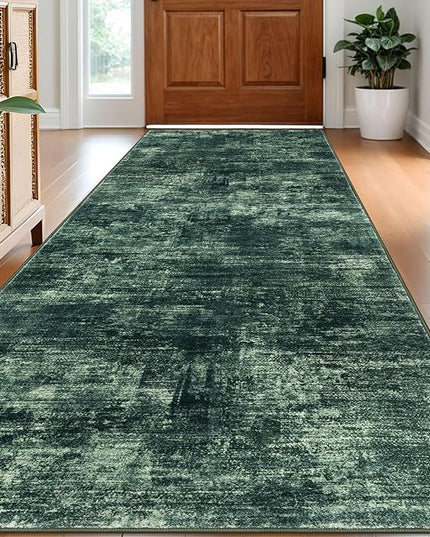 IOHOUZE Abstract Runner Rug 3x8 Ft Washable Runners for Hallways, Non Slip Kitchen Runner Printed Faux Wool Entryway Runner Indoor, Modern Abstract Floor Carpet for Hall Bedroom, Dark Green