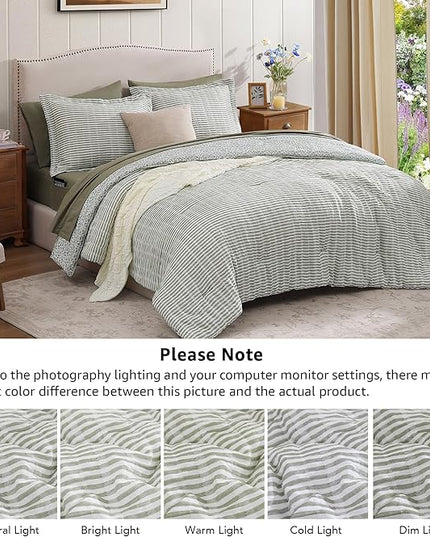 Queen Comforter Set - 7 Pieces Green Gauze Muslin Bedding Sets for All Seasons, Lightweight Breathable Bed in a Bag Queen with Revesible Farmhouse Comforter, Sheets, Pillowcases & Shams