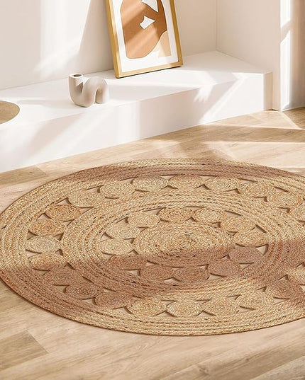 Hand Woven Jute Area Rug - 3' Round - Rustic Beige Reversible Farmhouse Rugs for Living Room, Bedroom, Kitchen - Vintage Natural Braided Entry Floor Décor Circle Boho Round Jute Rug 3ft