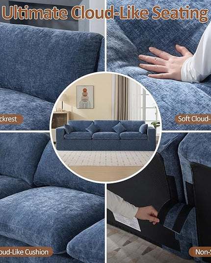 115''Cloud Boneless Sectional Couch, Modular Sectional Sofa Deep Seat, Oversized Upholstered Convertible Comfy 3 Seater Chenille Memory Foam Sofa Couches for Living Room, Blue