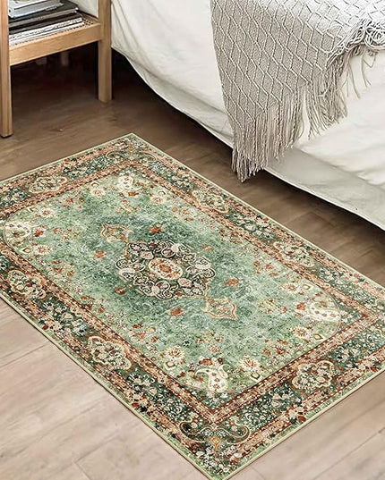 Small Rugs 2x3,Green Rug for Entryway Bathroom Bedroom Kitchen Entrance Doormat,Boho Vintage Bohemian Distressed Washable Oriental Accent Floor Throw Carpet Non Slip