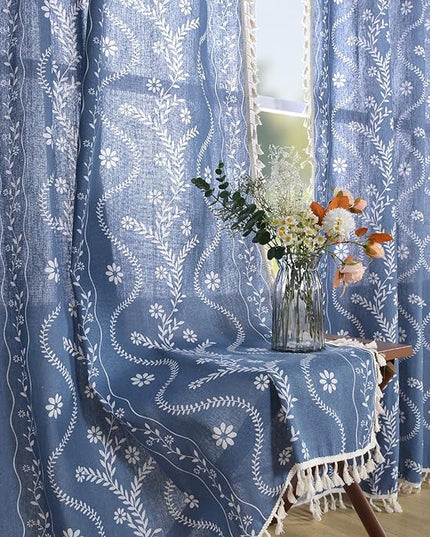 Navy Blue Western Rustic Boho Curtains 96 Inch Length, Farmhouse Linen Floral Curtains for Bedroom Living Room Vintage Printed Patterned Long Curtain Drapes